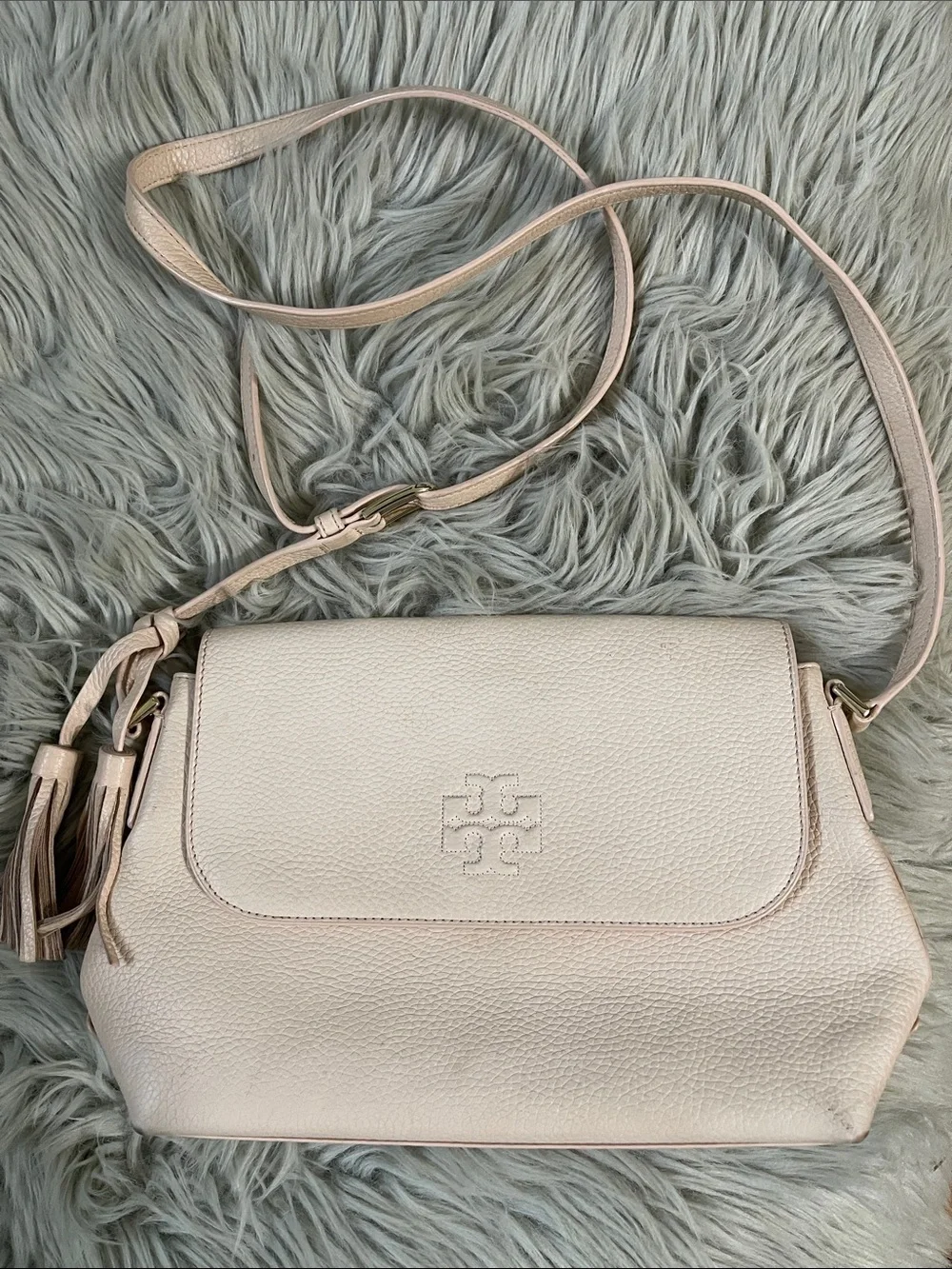Tory Burch Pale Pink Pebbled Leather Crossbody with Tassels